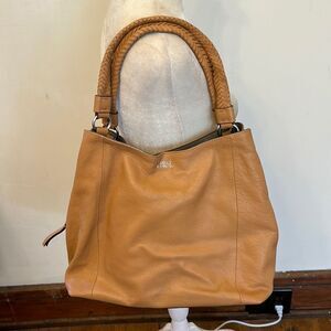 Vince Camuto genuine leather dark tan braided handle shoulder bag 15 X 10 EUC